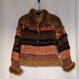 Pushpa Faux Fur Trim Multicolor Mix Media Women's Jacket